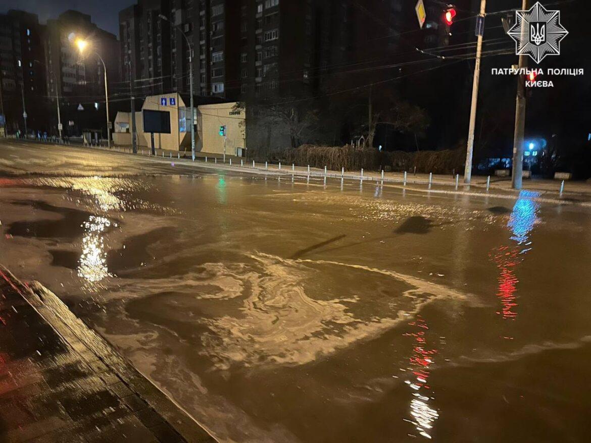 In the Holosiivskyi district, the road is submerged in water.